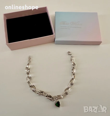 S925 Сребро / Сребърна гривна със зелен цирконий - 20см, снимка 6 - Гривни - 49256820