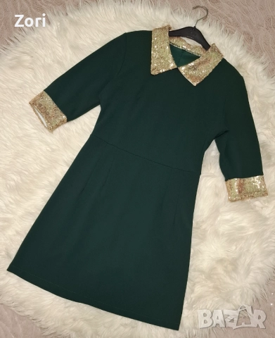 Зелена рокля с акценти от златисти пайети, снимка 2 - Рокли - 52598787