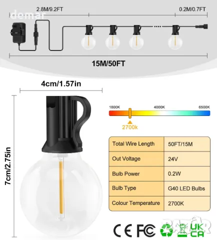 Vanranger Festoon Външни осветителни тела Захранвани от мрежата G40 15M Водоустойчиви LED 24+2 крушк, снимка 3 - Лед осветление - 46994175