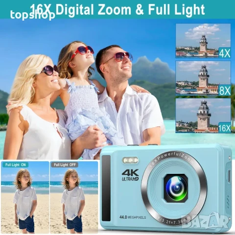 НОВ фотоапарат 4K FHD 44MP компактен с автофокус и 16X увеличение, с 2 батерии 2.4”, 32GB памет, снимка 4 - Фотоапарати - 50555892