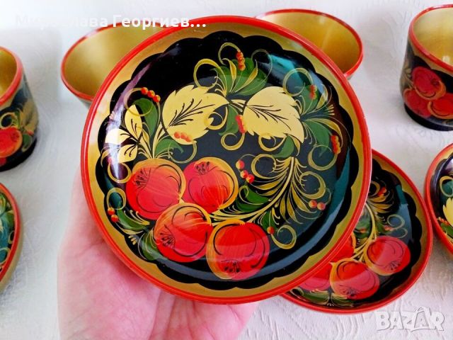 Комплект руски Хохлома чашки с чинийки по 4 броя, снимка 4 - Други ценни предмети - 45231827