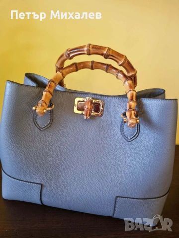 ПРОМО Естествена кожа, с бамбукови дръжки, снимка 2 - Чанти - 53442930