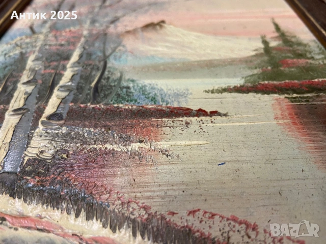 Винтидж картина с маслени бои „Пейзаж с брези и планини“, средата на ХХ век, снимка 5 - Антикварни и старинни предмети - 53185973
