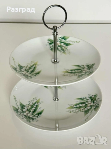 Двуетажна порцеланова поставка с декор момини сълзи, снимка 2 - Прибори за хранене, готвене и сервиране - 53018608