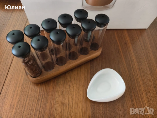 Стъклени колби за съхранение на единични дози кафе на зърна, заедно с дървена поставка (Single Dose), снимка 8 - Кафемашини - 54096322