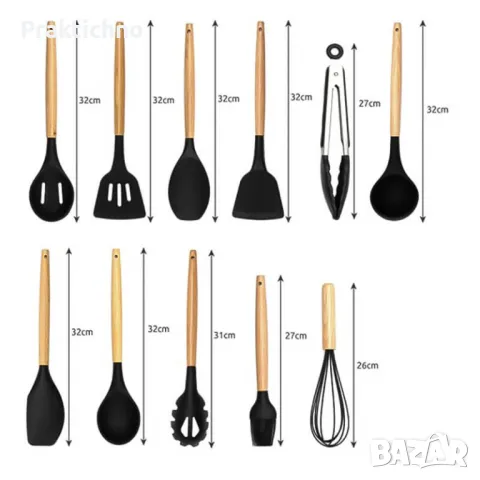 Комплект силиконови прибори за готвене с дървени дръжки, снимка 6 - Прибори за хранене, готвене и сервиране - 45675028