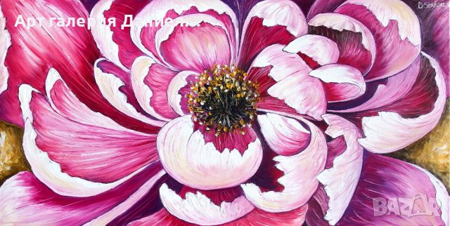 Авторска маслена картина | Абстрактна картина с розово цвете, снимка 1 - Картини - 45224505