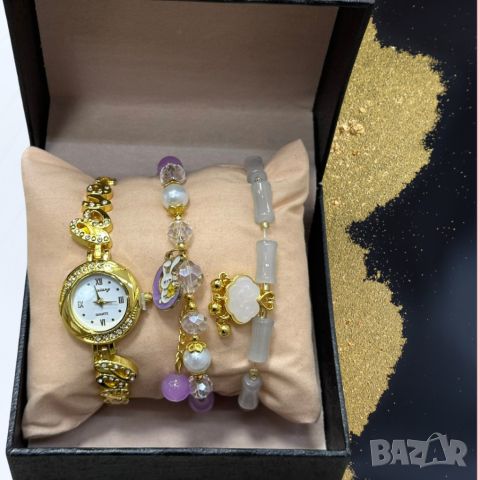 Нежен подаръчен комплект часовник с цирконии и два броя гривни Gift9, снимка 2 - Дамски - 46411042