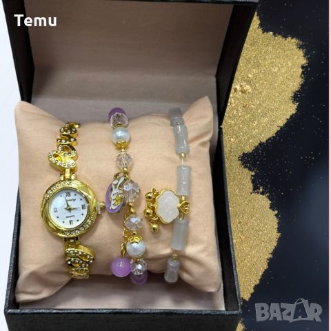 Нежен подаръчен комплект часовник с цирконии и два броя гривни Gift9, снимка 2 - Дамски - 46411042