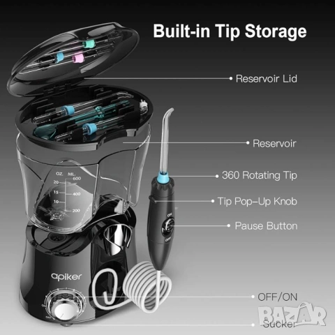 Професионален зъбен душ Apiker – 10 степени, 8 накрайника, 600 мл, снимка 8 - Други - 53450760