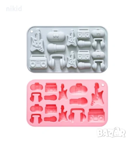 Китара микрофон слушалки радио музика силиконов молд форма фондан шоколад гипс бонбони декор, снимка 5 - Форми - 53388502