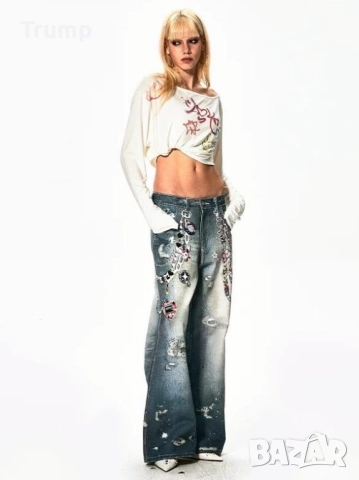 Абсолютен хит! Дънки с 3Д принт широк крачъол., снимка 3 - Дънки - 52219003