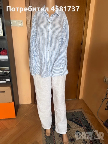 Летен сет- ленена риза райе синьо и бяло и бял летен панталон, снимка 2 - Ризи - 54173821