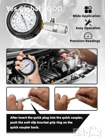 Комплект тестер за компресия бензинови двигатели 0–300 PSI, снимка 3 - Куфари с инструменти - 52663312