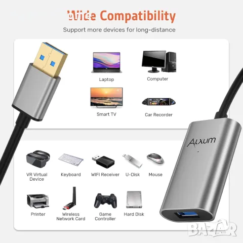 Alxum USB удължителен кабел 10m с 5V/2A захранващ адаптер, снимка 4 - Друга електроника - 48456242