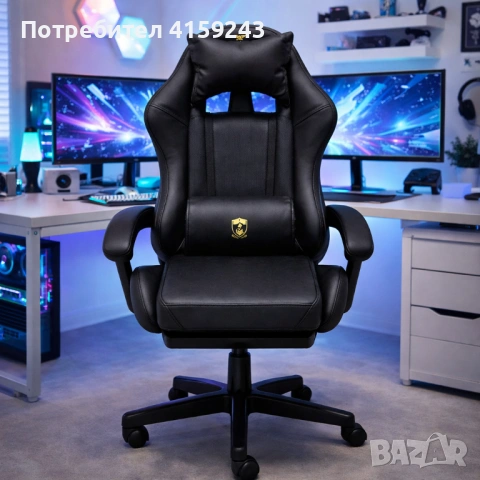 Премиум геймърски стол с масажна функция, поставка за крака и ергономична метална рамка, PU кожа, Че