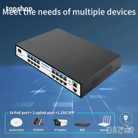 ЧИСТО НОВ PoE суич с 16 Gigabit PoE+ @240W вградена мощност, 2 гигабитови порта + 1 комбиниран SFP.., снимка 5 - Суичове - 50555890