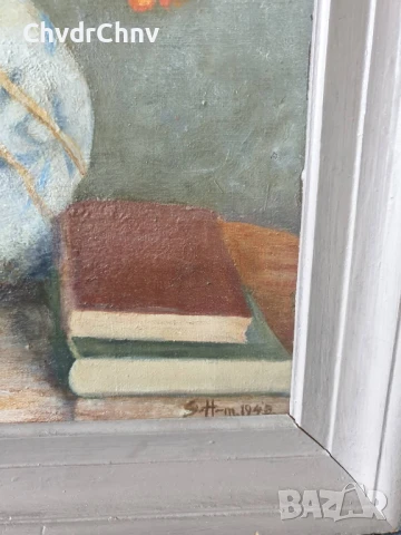 Haselstrom 48х40см/стара картина масло върху платно/натюрморт-цветя-свещник-книги/1943/дървена рамка, снимка 6 - Картини - 50823616
