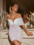 Дамска Бяла Къса Елегантна Рокля Тюл С Перли И Паднали Рамене Код Roni18 , снимка 2