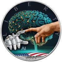 Изкуствен интелект 1 унция сребърна монета 1$ САЩ 2023, снимка 2 - Нумизматика и бонистика - 45002127