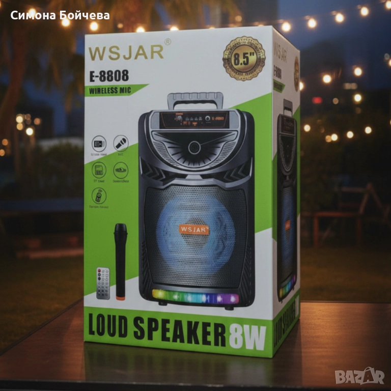 Bluetooth караоке колона с безжичен микрофон – 8,5″ говорител, LED светлини, TWS и FM радио, снимка 1