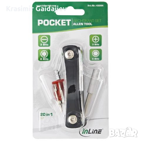 Комплект отвертки InLine Pocket Allen с държач за битове 20 в 1, снимка 1