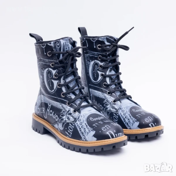 Дамски кубинки естествена кожа черни с връзки и цип | Марка Tuasolea, снимка 1