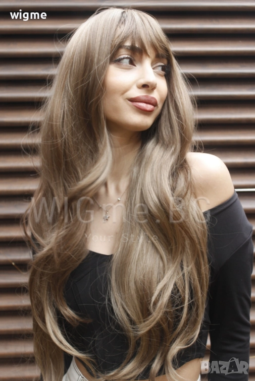 Дълга чуплива тъмноруса перука на светлоруси кичури с бретон Мирея, снимка 1