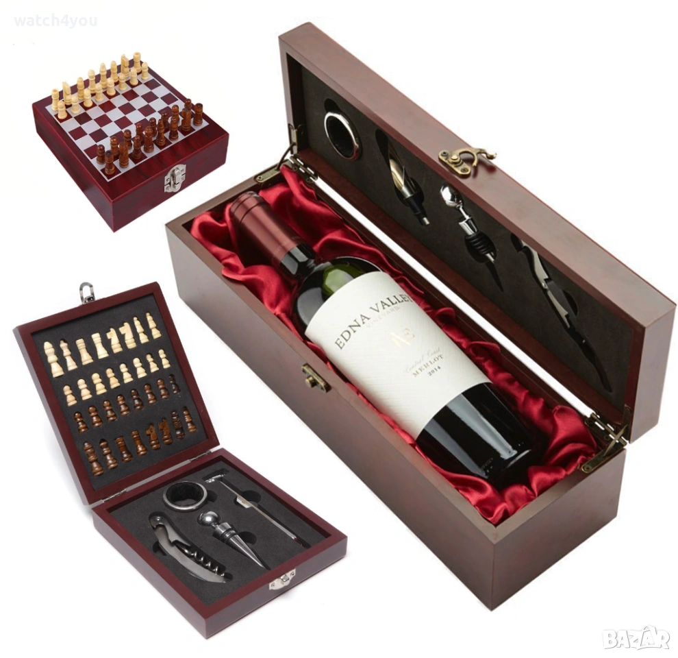 НОВА ЛУКСОЗНА ДЪРВЕНА КУТИЯ ЗА ВИНО. СЕТ ЗА ВИНО. ПОДАРЪЧНА КУТИЯ ЗА ВИНО. КОМПЛЕКТ ЗА ВИНО И ШАХ, снимка 1
