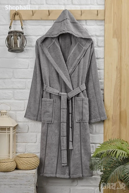 Памучен халат за баня с качулка Dark grey, снимка 1