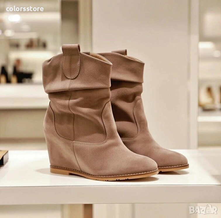 Боти на платформа - каки велур - KBG5 , снимка 1