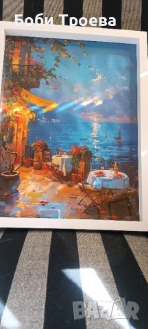 Жива Морска Картина с Балкон, Лунен Небосвод и Яхти, снимка 3 - Картини - 51966498