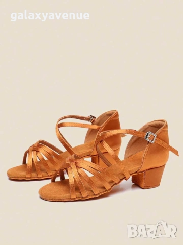 Дамски латино танцови обувки с нисък ток, сатенени, професионални, снимка 3 - Дамски обувки на ток - 53888881