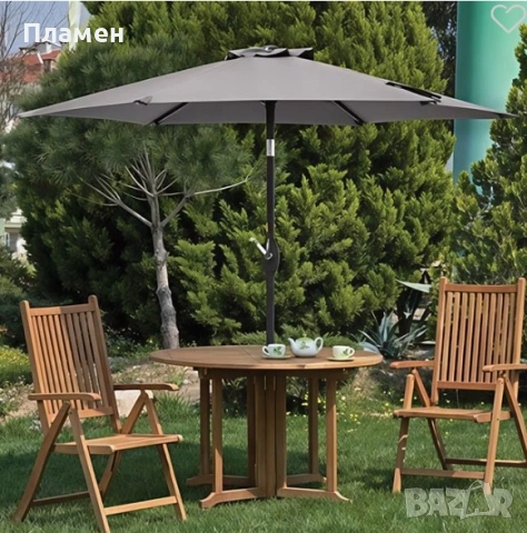 Сгъваем градински чадър ветроустойчив в сив цвят с ръчен механизъм, диаметър 2.7 м 6 спици сив цвят, снимка 3 - Градински мебели, декорация  - 53721439