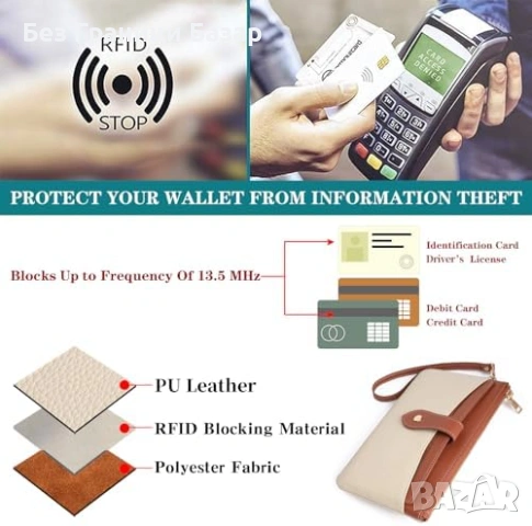 Ново бежово Клъч портмоне за жени с RFID защита за карти изкуствена кожа, снимка 5 - Портфейли, портмонета - 53816502