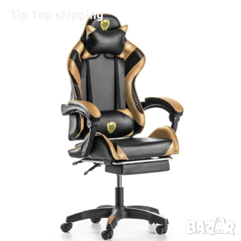 Черен геймърски стол с златисти акценти и разтегляема поставка за крака , снимка 2 - Столове - 53604368