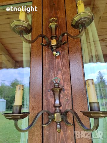 Комплект старинни месингови двойни аплици с фасунги имитиращи разтопени свещи , снимка 5 - Лампи за стена - 45435431