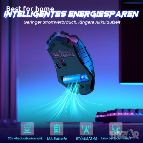 Безжична геймърска мишка RisoPhy PC400 с 8000 DPI, 2.4G и Bluetooth двойна връзка, снимка 6 - Клавиатури и мишки - 54069921