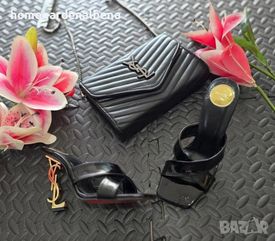 Дамски чехли на ток — черни с червена подметка — златист детайл — номера 36-40