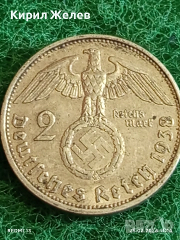 Сребърна монета 2 райхсмарки 1938г. Германия Трети Райх с Свастика за КОЛЕКЦИОНЕРИ 39293, снимка 2 - Нумизматика и бонистика - 53615651
