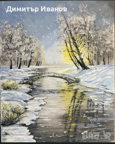 Зимна картина на гора река и мост 