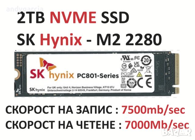 2TB Hynix PC801 NVMe M2 2280 Gen4 x4 PCIe SSD 2048GB, Read / Write speed : 7500 / 7000 mb.sec., снимка 1 - Твърди дискове - 46130597