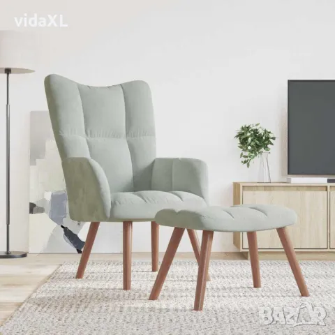 vidaXL Релакс стол с табуретка, светлосив, кадифе(SKU:328062), снимка 3 - Столове - 48558415