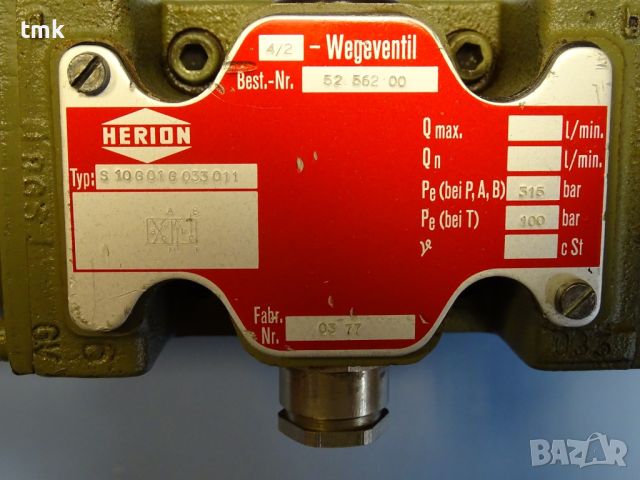 Хидравличен разпределител HERION S10G01G033011 directional operated valve 24VDC, снимка 2 - Резервни части за машини - 45239398