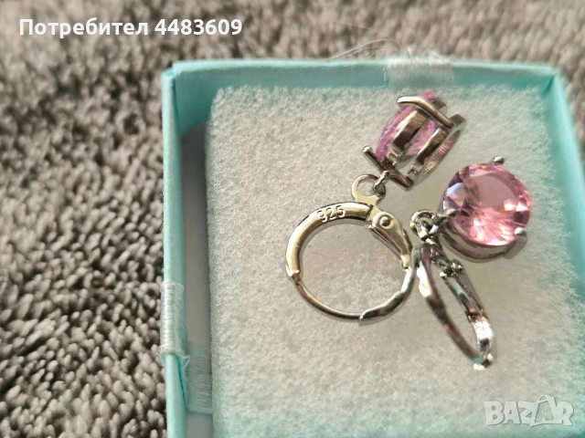 Сребърни обеци с розов цирконии , снимка 2 - Обеци - 53792646