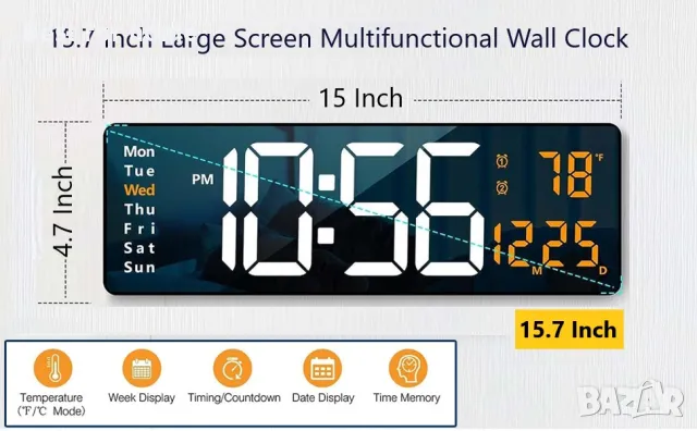 Голям офис/ хотел/ фитнес цифров стенен часовник Homartel- 40 см, снимка 12 - Друга електроника - 48743502