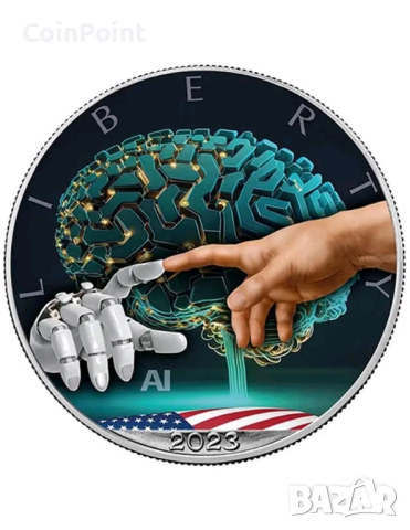 Изкуствен интелект 1 унция сребърна монета 1$ САЩ 2023, снимка 2 - Нумизматика и бонистика - 45002127