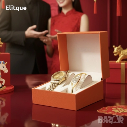 Елегантен дамски комплект: Часовник със златна верижка и камъни + гривна, снимка 2 - Гривни - 53501380