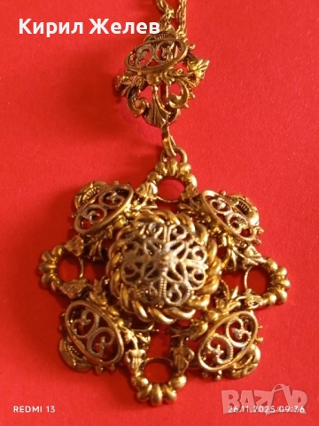 КОЛИЕ СТАРИННО РАЗКОШНО ПОЗЛАТЕНО ФИННА РЪЧНА МАЙСТОРСКА АЖУРНА ИЗРАБОТКА 52321, снимка 2 - Колиета, медальони, синджири - 52544998
