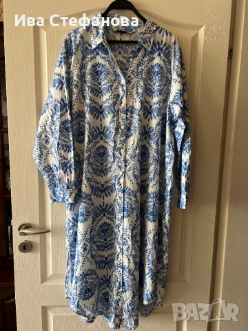 Нова елегантна ежедневна синя бяла рокля риза миди дължина 100 памук памучна 